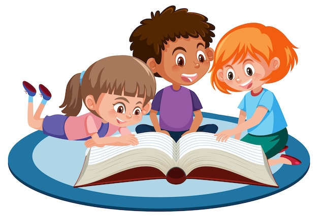 Three young children reading a book on white background