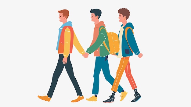 Three young men walking side side wearing colorful casual attire backpacks group camaraderie