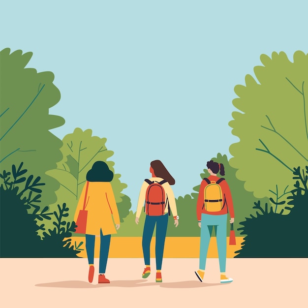 Vector three young women walk together through park chatting enjoying nature diverse group friends