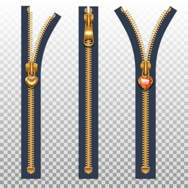 Three zippers for clothes open and closed. gold color isolated on a transparent background.