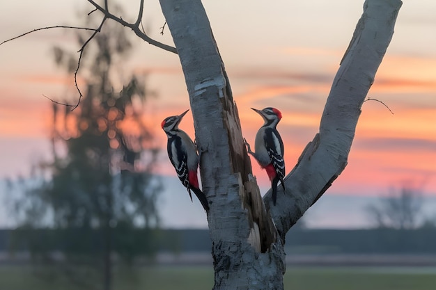 Threetoed Woodpecker bird on a tree two bird on tree romance concept