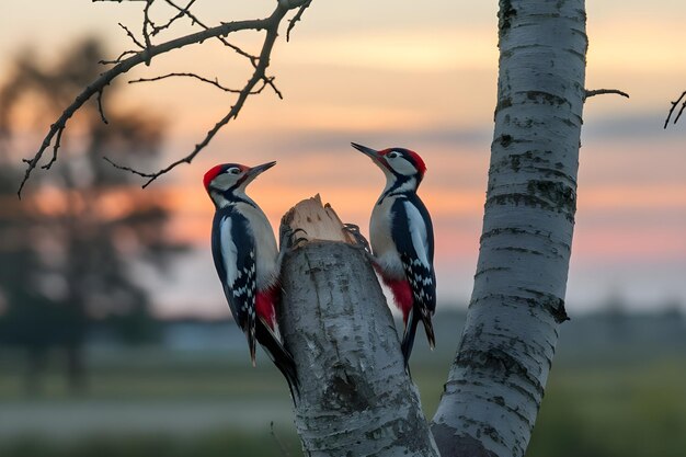 Threetoed Woodpecker bird on a tree two bird on tree romance concept