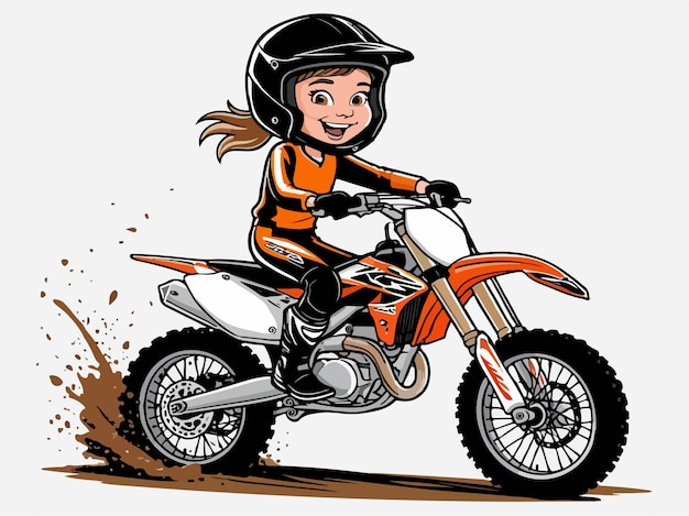 Thrilling Ride Girl on Dirt Bike Adventure Design Art Illustration