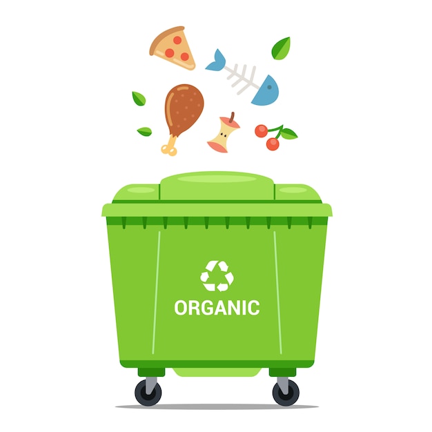 throw organic waste into a large green dustbin. flat vector illustration.