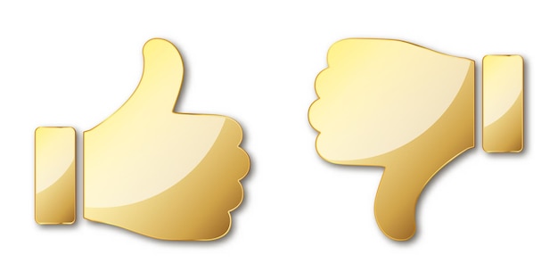 Thumb up and down. Gold hand icon.  illustration. Gold symbol of like and dislike