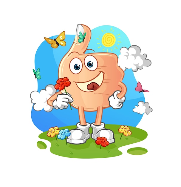 Thumbs up pick flowers in spring. character vector