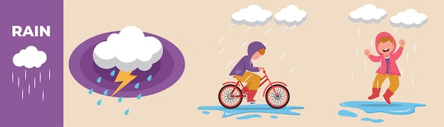 Thunder clouds Boy cycling and playing rain water Monsoon season equipment set concept Colored flat graphic vector illustration isolated