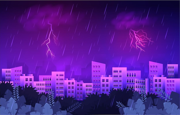 Thunder Storm Lightning Rainy Weather City Building Skyline Cityscape Illustration