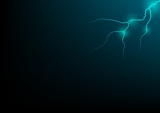 Thunder storm vector realistic lightning thunderbolt in blue or neon green tone on black background, Magic and bright electricity effects.