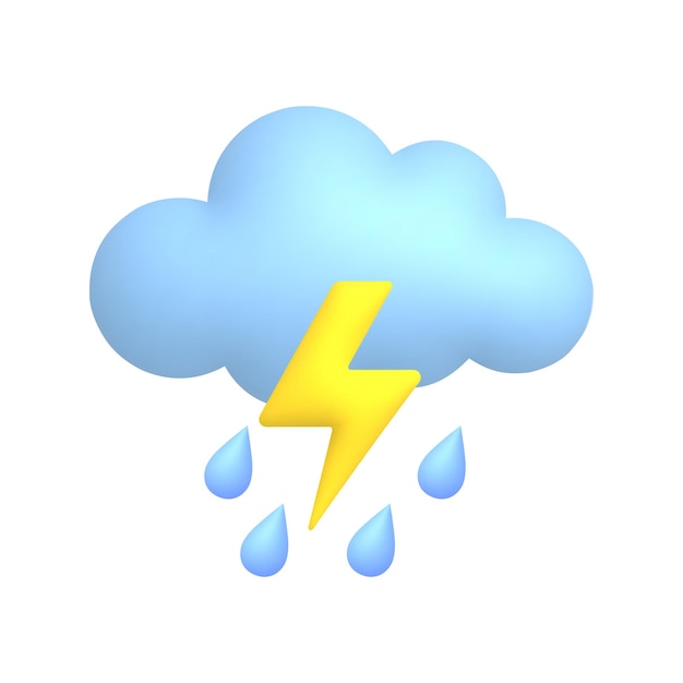 Thunderstorm cloud rain drops and lightning Cute weather realistic icon 3d cartoon