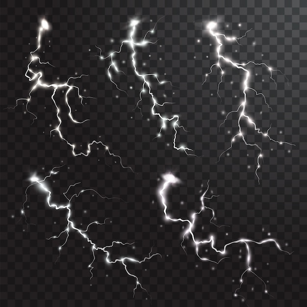 Thunderstorm realistic elements with colored flashes of lightnings sparks on black half transparent background isolated 