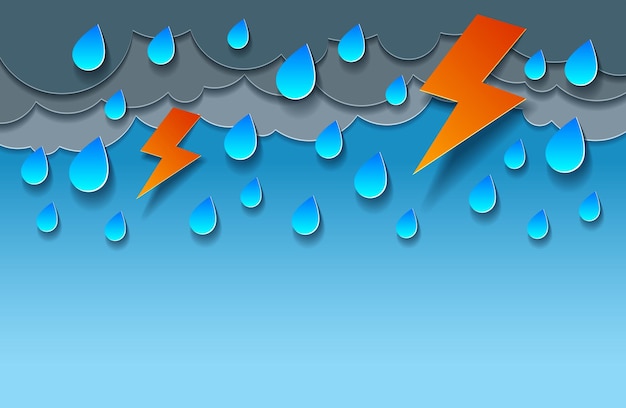 Thunderstorm with lightning and falling water drops vector modern style paper cut cartoon illustration.