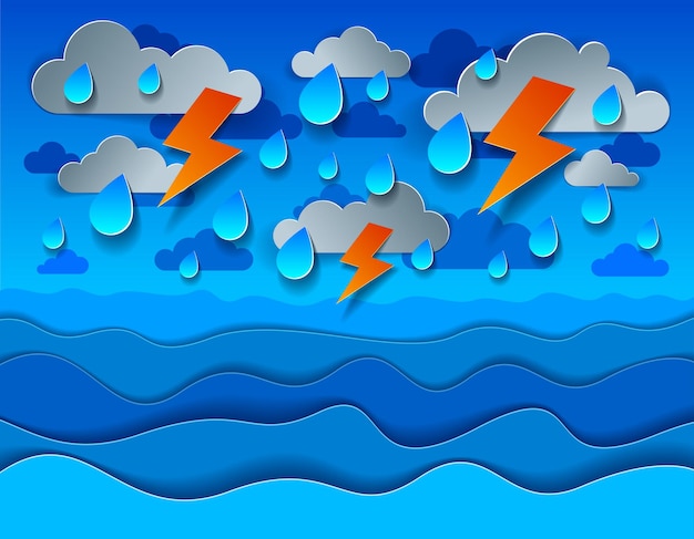 Thunderstorm with lightning over the sea with curvy waves rainy weather, perfect modern vector illustration in paper cut 3d style.