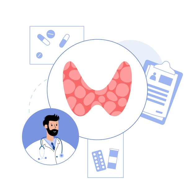 Thyroid gland anatomical poster. Doctor endocrinologist in clinic vector illustration