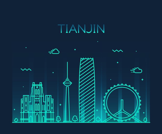 Tianjin skyline detailed silhouette. Trendy vector illustration, line art style.