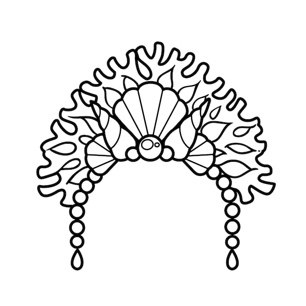 Tiara of the sea princess from coral and pearls linear drawing for coloring on a white background