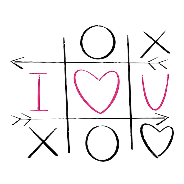 Tic tac toe doodle game with cross and circle sign, cute pink heart mark