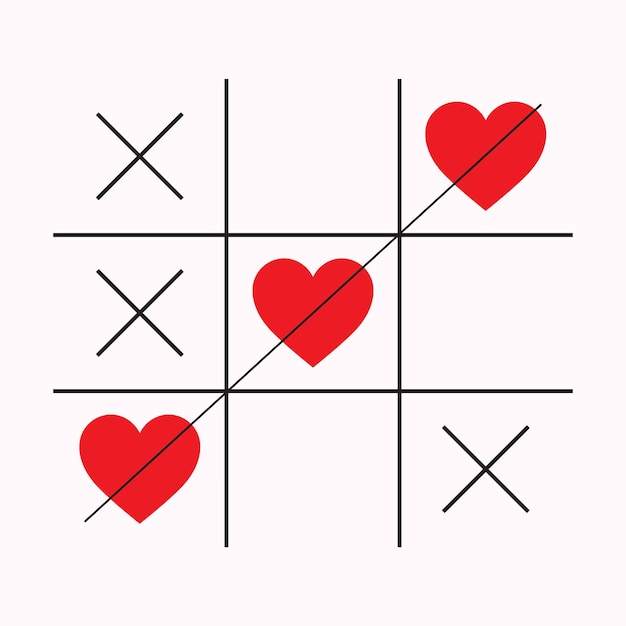 Tic Tac Toe Game with Red Heart and Cross Sign Mark In The Center Love card Flat Design Background