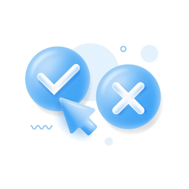 Tick check mark and cross mark symbols icon element Simple ok yes no graphic design right checkmark symbol accepted and rejected 3D rendering Survey reaction icon Vector illustration