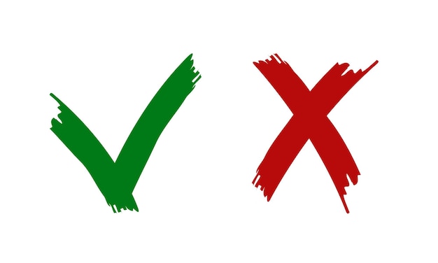 Tick and cross marks A green check mark OK and a red X isolated on a white background