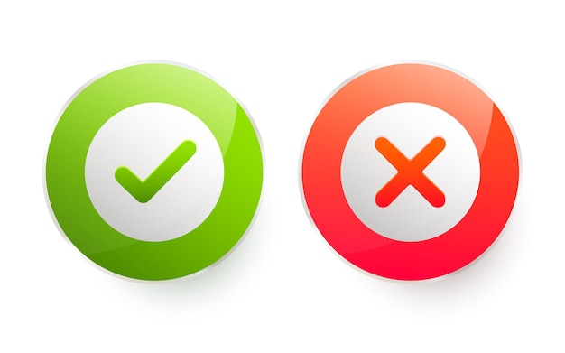 Tick and cross signs in frame Green checkmark OK and red X icons Symbols YES and NO button for vote