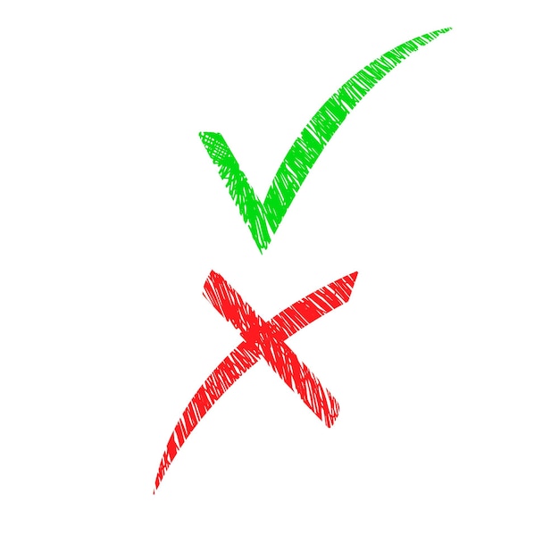 Tick and cross signs Green checkmark OK and red X icons isolated on white background Simple marks