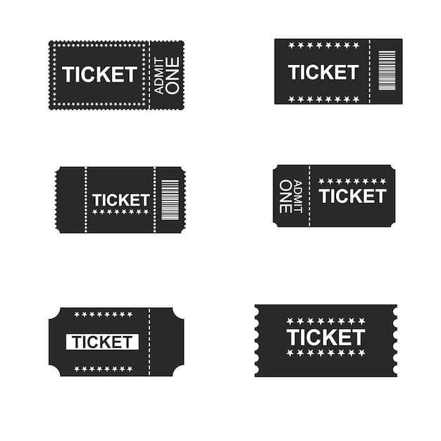 Ticket icons isolated. tickets for cinema, plane, theater, cinema