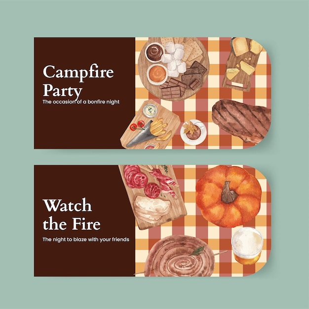 Ticket template with bonfire party conceptwatercolor style