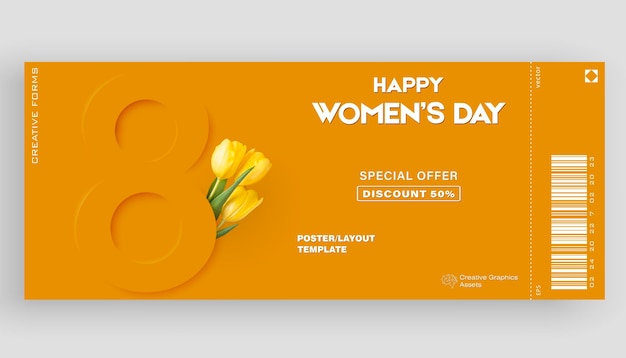 Vector ticket vector template layout 8 march. international women's day illustration concept.