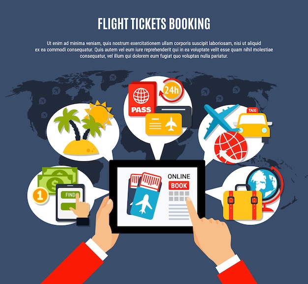 Tickets online booking flat advertisement air travel poster with hand holding tablet choosing flight options