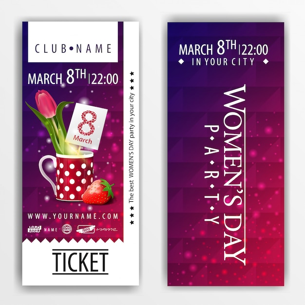 The tickets for the party on Women's day with tulip in a mug