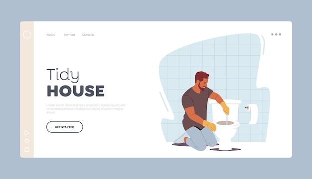 Tidy House Landing Page Template Man Household Duties Handyman Remove Blockage with Plunger in Toilet