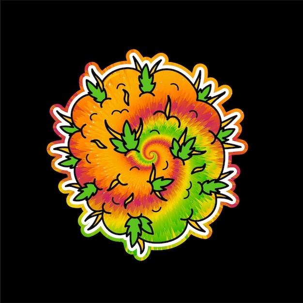 Tie dye psychedelic surreal weed budVector tiedye cartoon illustration logoWeedmarijuanacannabis tie dyetrippyhippie60s70s print for tshirtpostercard concept