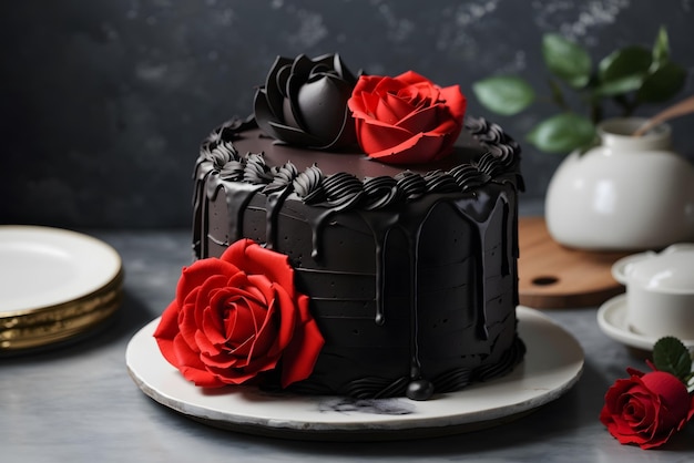 Vector tiered chocolate decorated cake with sugar roses for wedding or other celebration