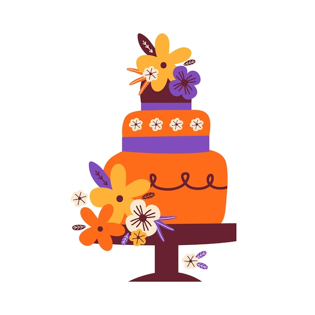 Tiered wedding cake on a stand is decorated flowers Icon of a festive sweet dessert for Birthday