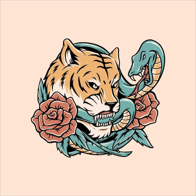 tiger bites snake with rose illustration