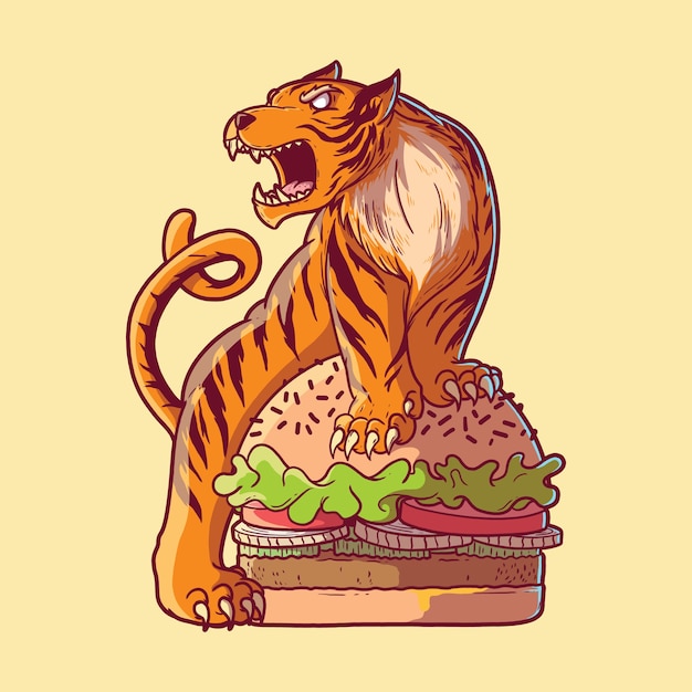 Tiger burger illustration. Fast food, takeaway, animal design concept