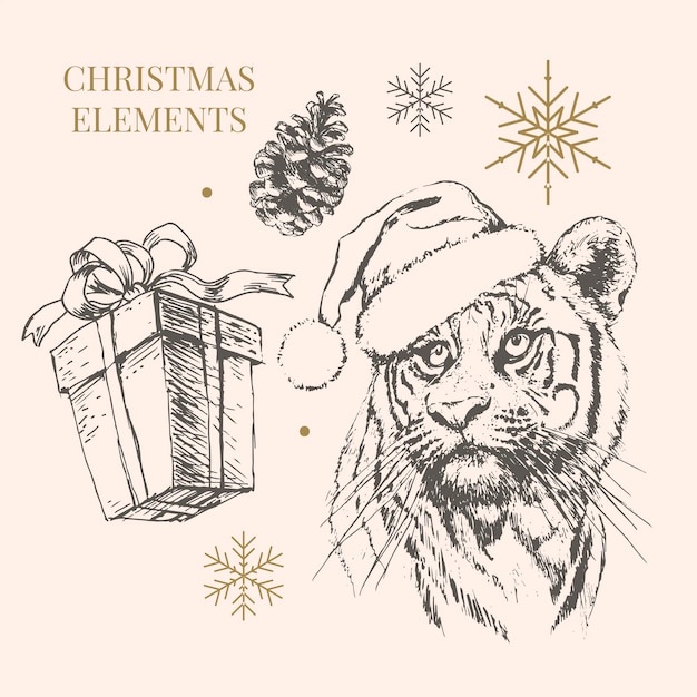 Tiger in Christmas hat. Print on a postcard or poster. Vector illustration. Holiday card. New Year's and Christmas. Santa Claus.