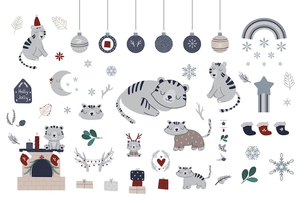 Tiger Christmas Scandinavian collection. Vector hand drawn elements woth winter snowflakes tigers christmas tree.