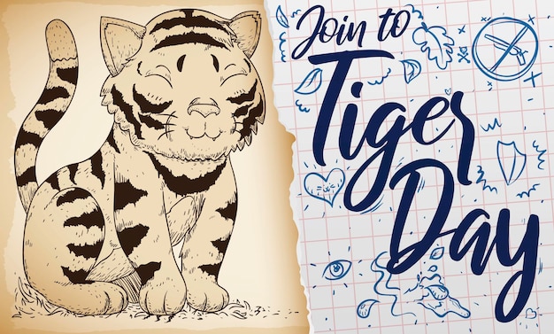 Tiger drawing in scroll and notebook paper promoting Tiger Day