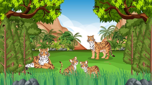 Tiger family in forest or rainforest scene with many trees