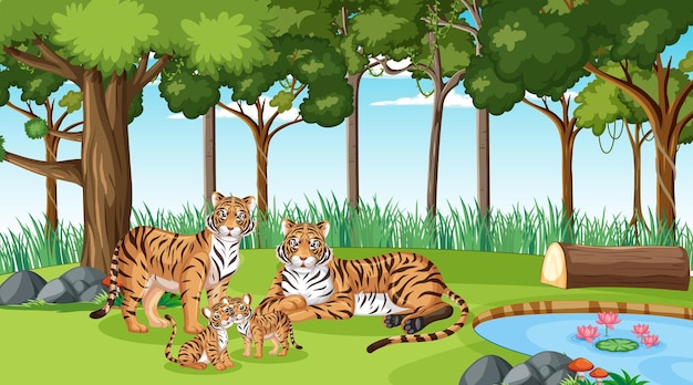 Tiger family in forest or rainforest scene with many trees