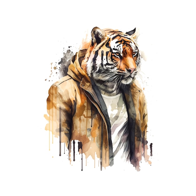 Tiger in fashionable sport suit character for souvenirs print on fabric banner postcard watecolor