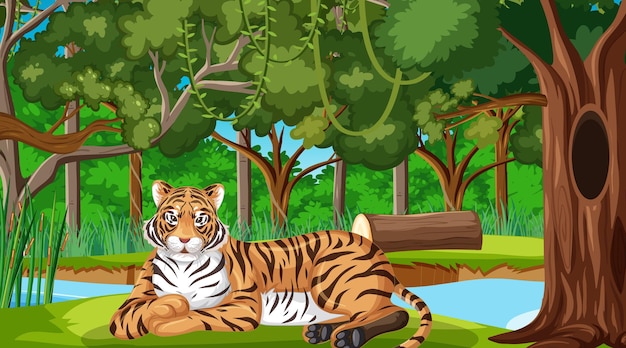 A tiger in forest or rainforest scene with many trees