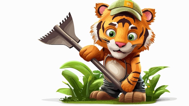 Tiger Gardener Cartoon Mascot in Green with Gardening Tools