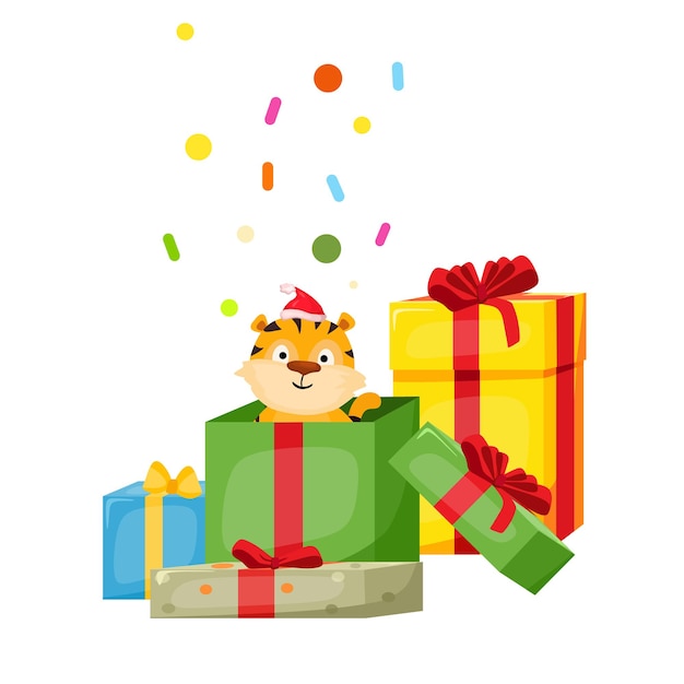 Tiger in a gift box. Vector Christmas cartoon illustration