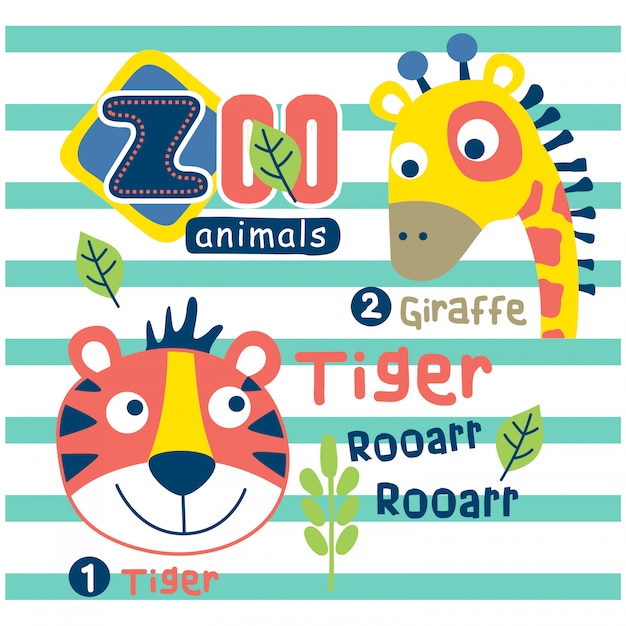 tiger and giraffe in the zoo funny animal cartoon,vector illustration