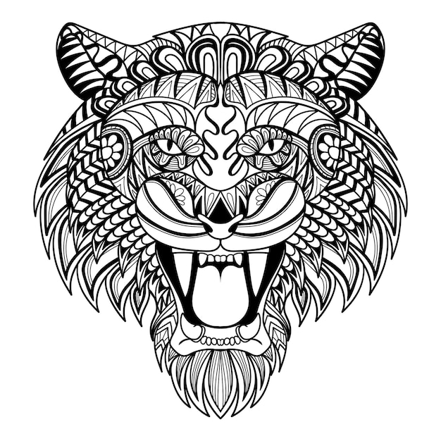 Tiger head angry mandala zentangle coloring page illustration