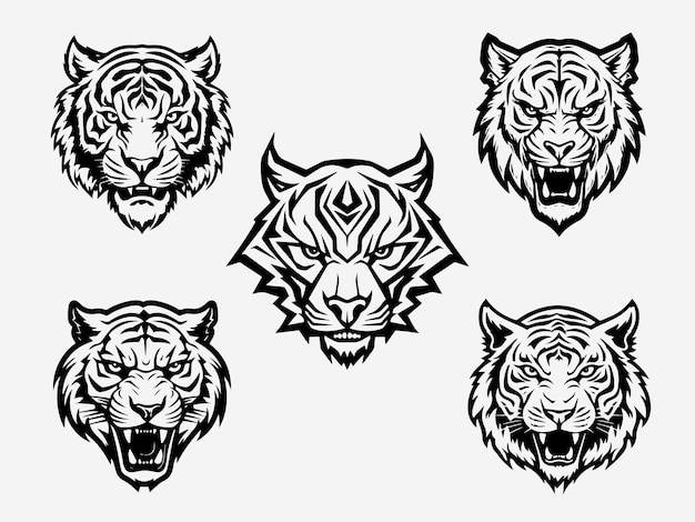 Tiger head black and white illustration logo set