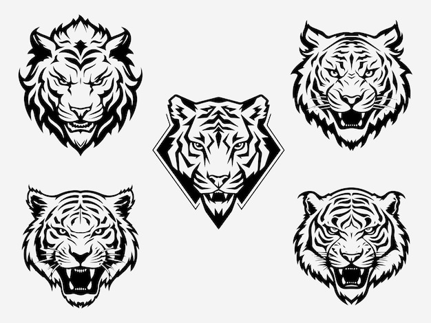 Tiger head black and white illustration logo set